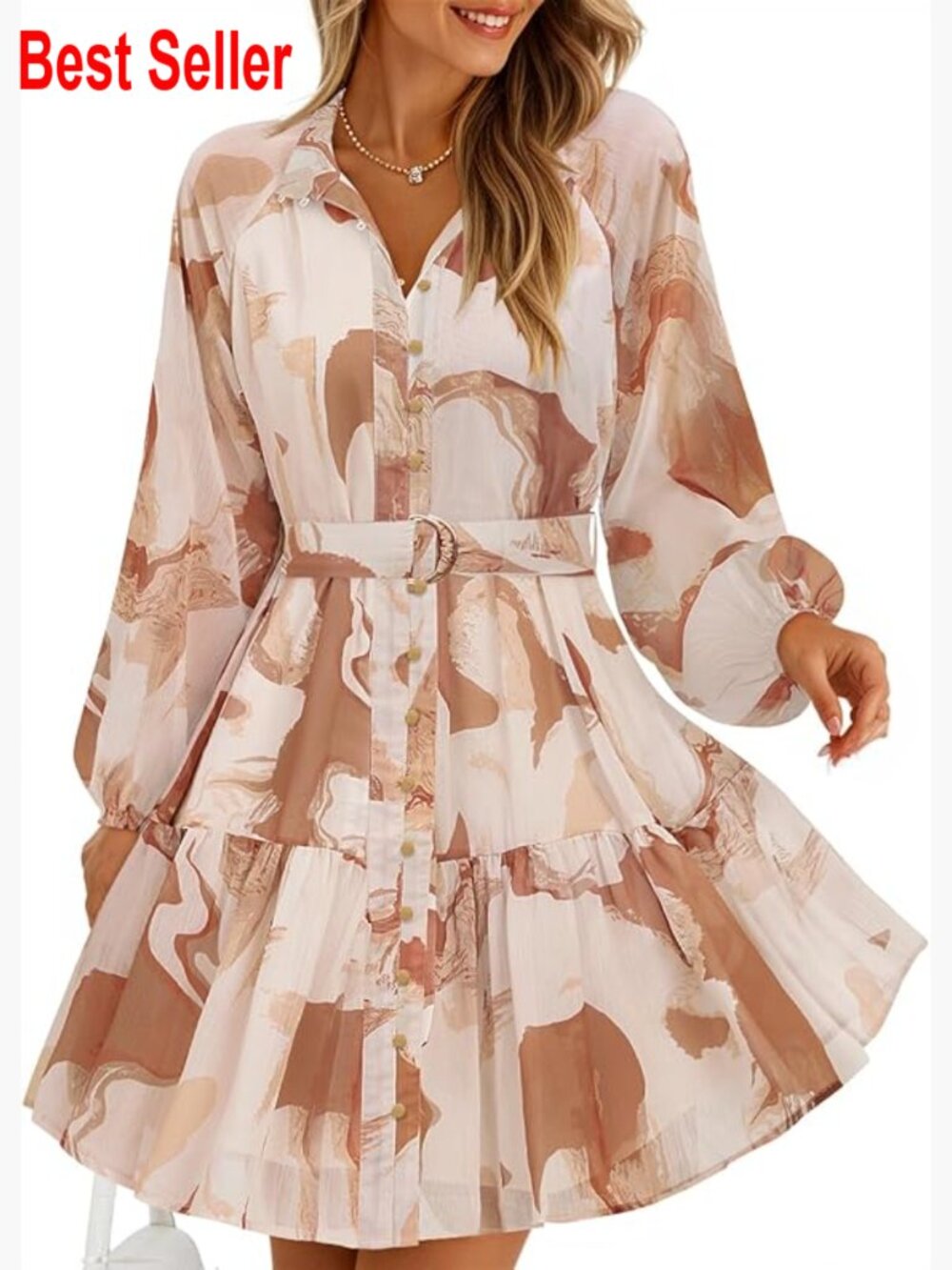 Long Sleeve Chiffon Mini Dress With Button Front And Floral Print